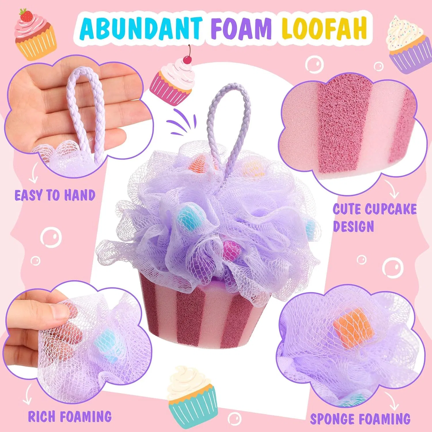 Cute Cupcake Shaped Cartoon Durable Bath Loofah Sponge