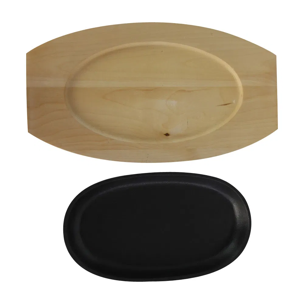 Чугунная сковорода фахита с деревянной подставкой