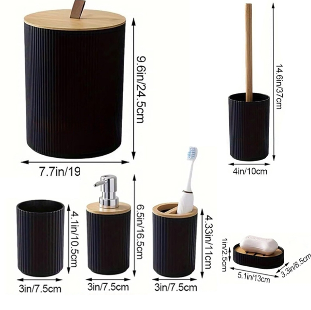Bathroom Accessories Set 6PCS Toilet Brush, Trash Can & Soap Dispenser