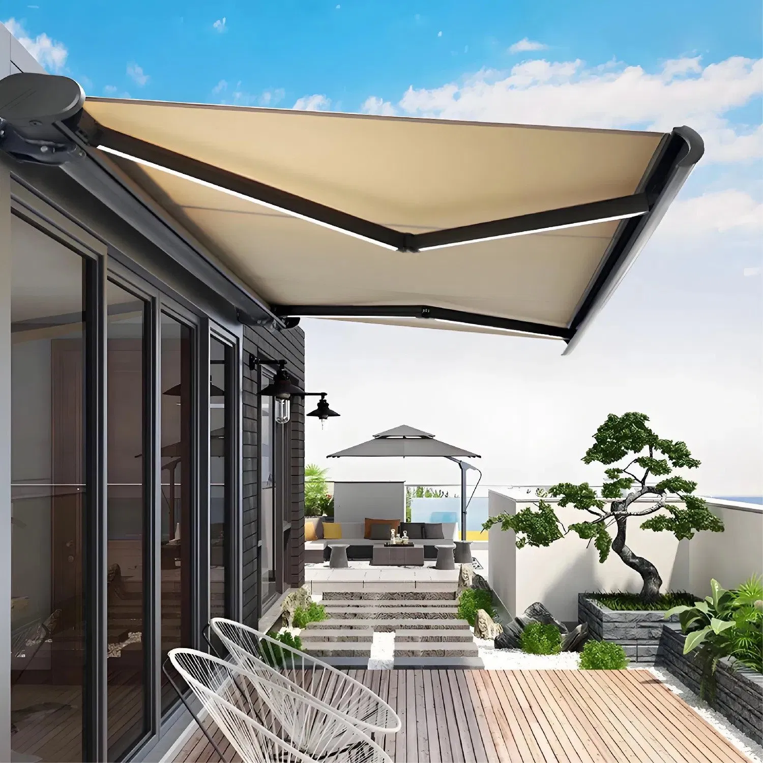 Modern Outdoor Customizable Multiple Color Aluminum Alloy Polyester Telescopic Automatic Awning