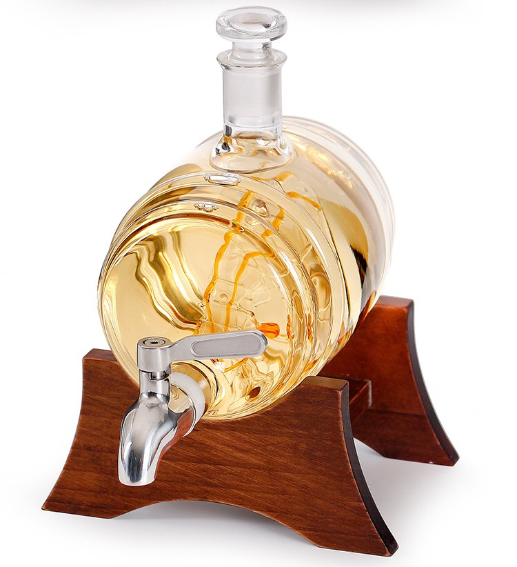 Wine Barrel Shape 1000ml Dispenser Handmade Transparent Barrel Decanter with Metal Faucet for Wine Drinking Type Bottle