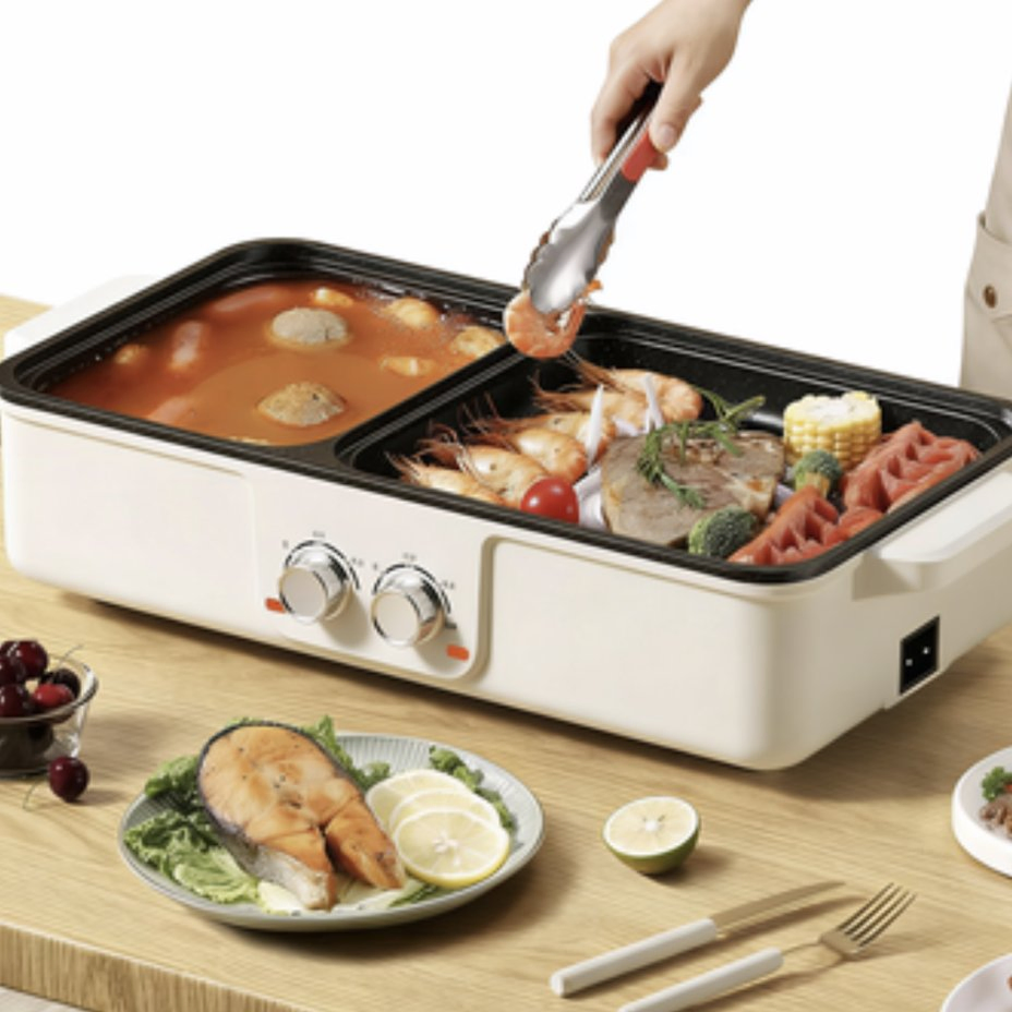 2-in-1 Electric Hot Pot Grill Multifunctional Alloy Liner Household 3-4 People Capacity