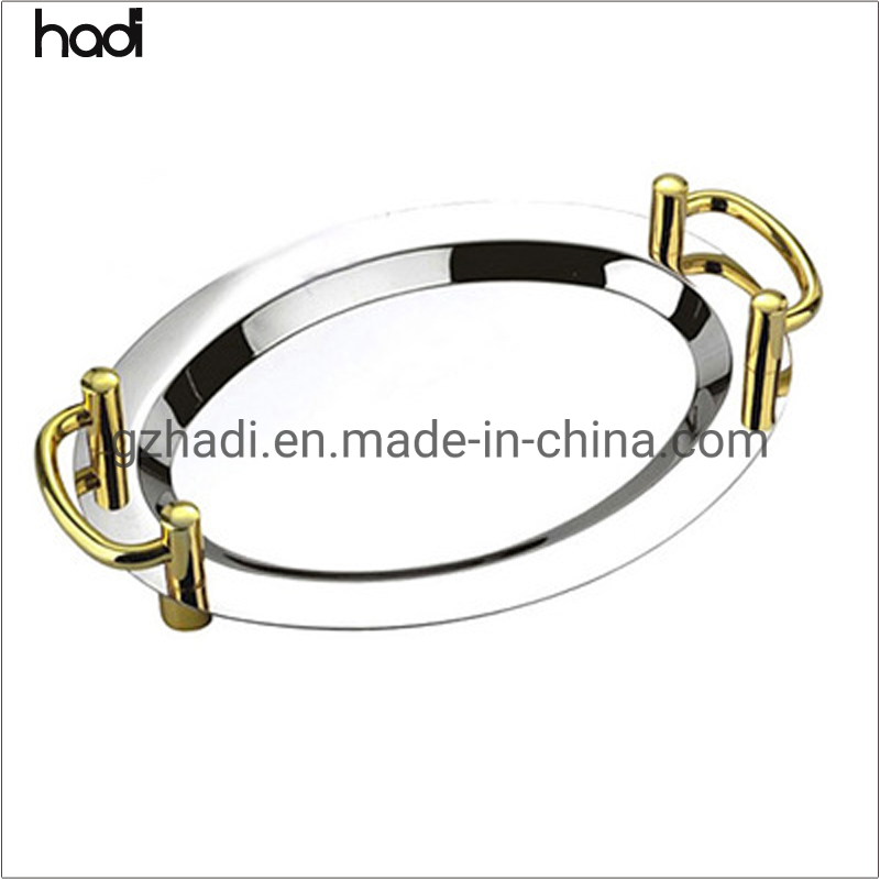 Restaurant and Hotel Supplies High Quality Middle East Mirror Tray Rectangle Oval Round Stainless Steel Buffet Trays with Handle Gold