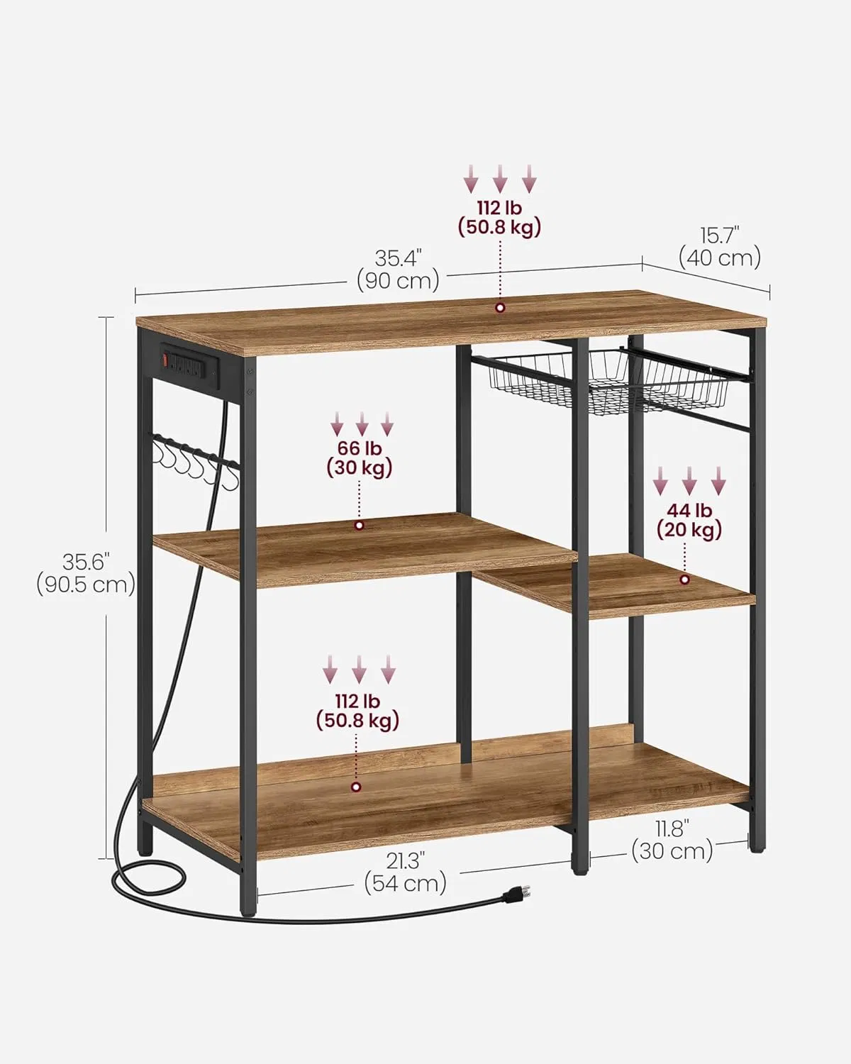 Kitchen Storage Rack, Metal and Wood Panel, Large Capacity Metal Basket, Suitable for Kitchens