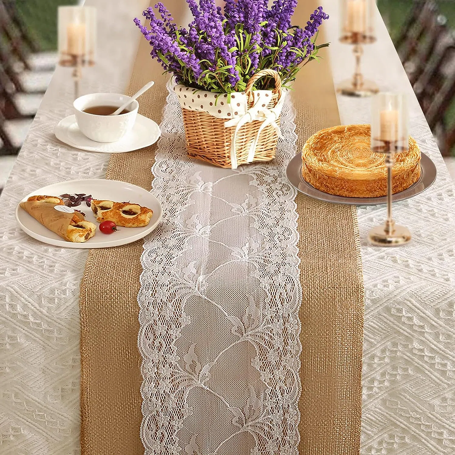 Party Wedding White Lace with Jute Table Runner