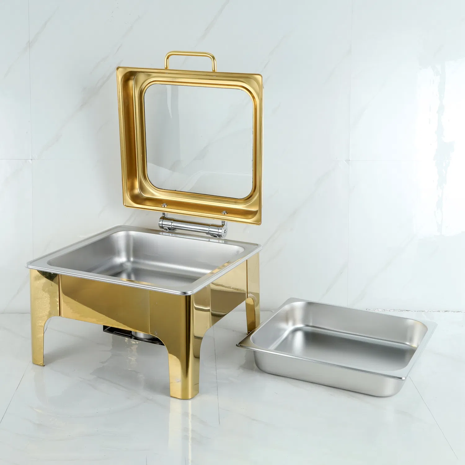 Gold Luxury Commercial Fuel Food Warmer Stainless Steel Chafing Dish with Modern Hotel Restaurant Buffets Square Glass Lid
