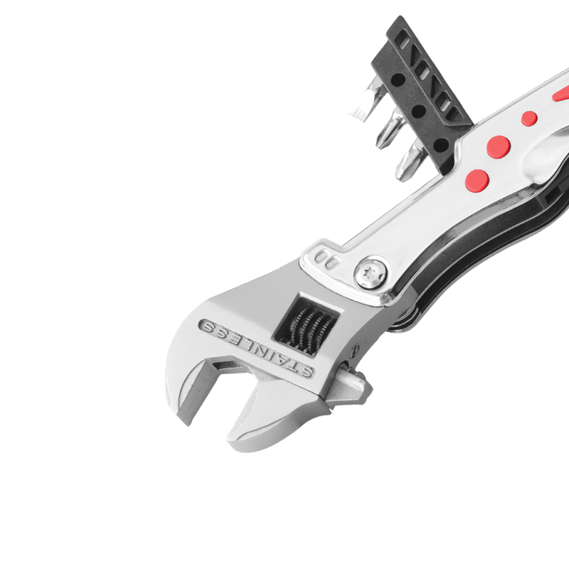Multifunction Adjustable Wrench Knife Opener Tool with LED Flashlight, Bits Holder (#8438)