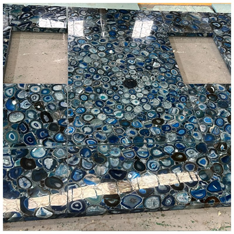 Translucent Semi Precious Blue Agate Laminated with Glass Counertops