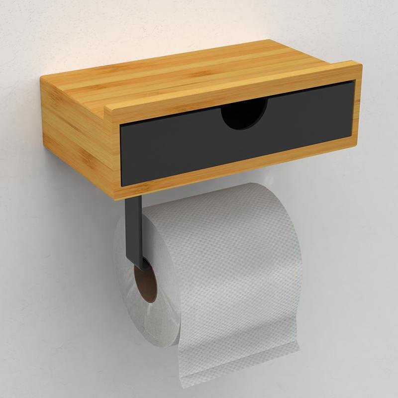 Bathroom Bamboo Wall Mounted Paper Roll Holder with Drawer Organizer