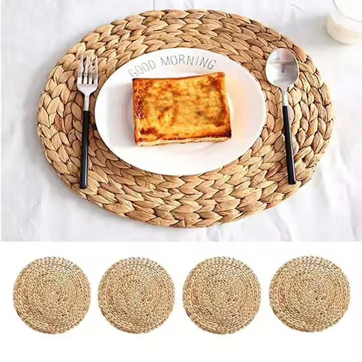 Natural Handmade Table Mat Water Hyacinth Placemat Round Braided Mat Heat Resistant