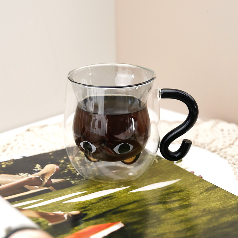 Cat Double Cute Borosilicate Glass Grey Inner Wall Drinking Cup with Color Handle