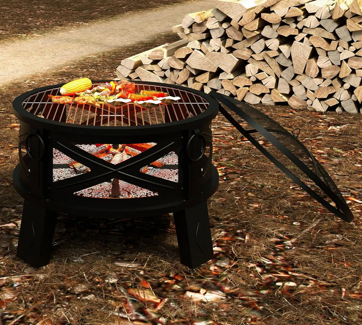 Outdoor Steel Fire Pit with Grill Grate&Spark Screen