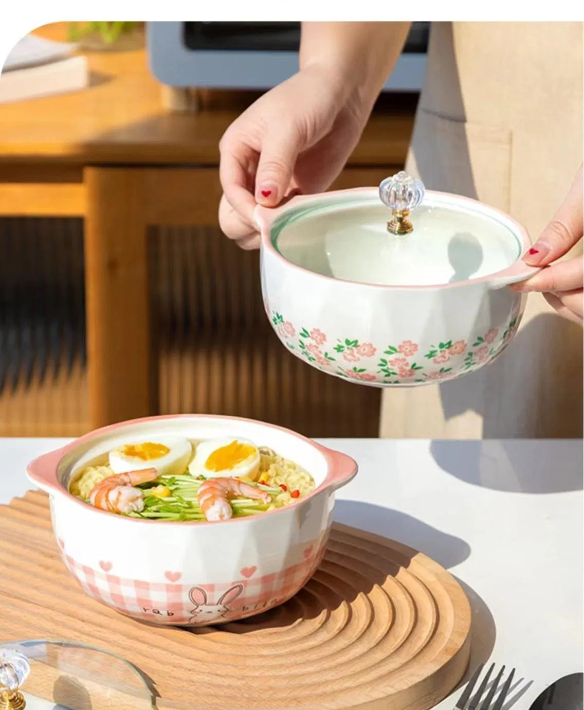 7"Food Bowl with Hands and Glass Lid Pad Printing Stoneware Porcelainware Tableware