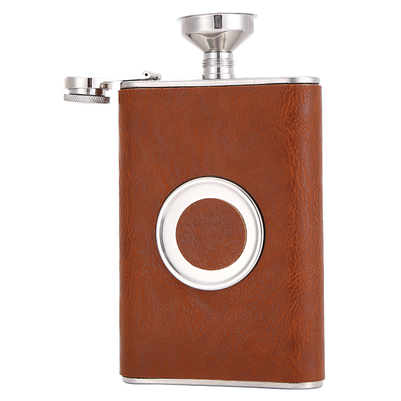 Stainless Steel Wine Pot with Leather Outdoor Metal Telescopic Cup Hip Flask