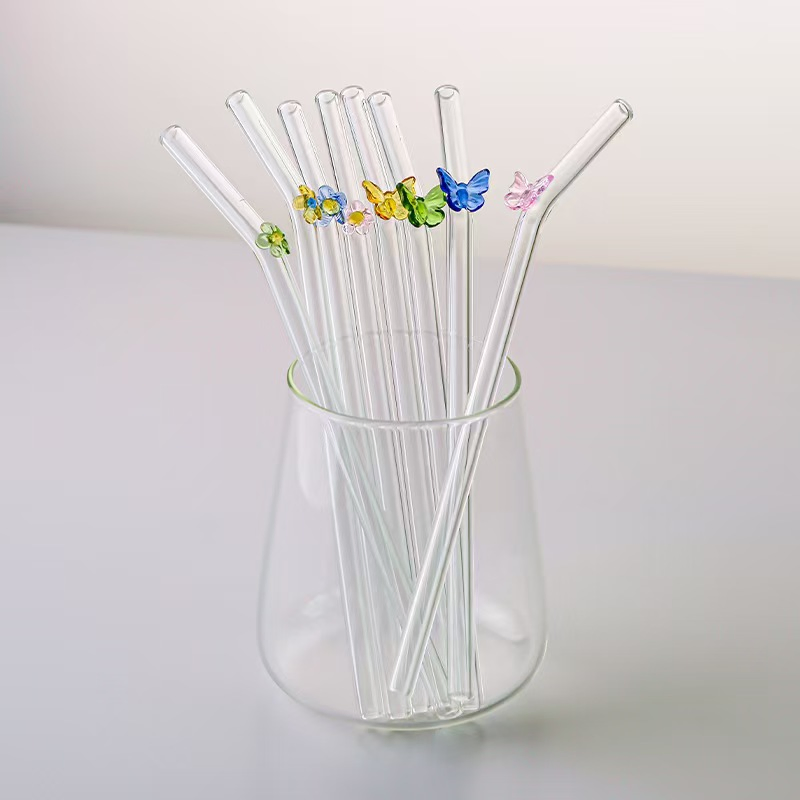 Custom Heat Resistant Creative Flower Elbow Non-Disposable Clear Glass Drinking Straw