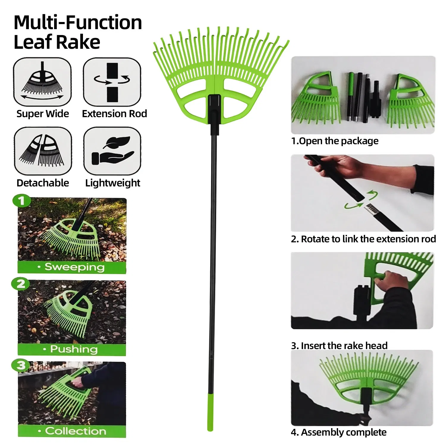 Garden Manual Multifunctional Plastic 3-in-1 Portable Leaf Grass Rake/Grabber/Shovel with Detachable Long Handle