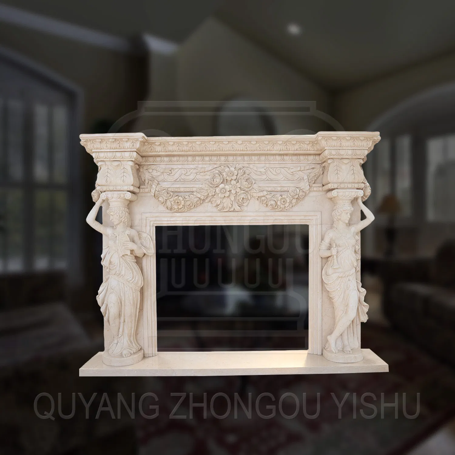 Majestic Dark Marble Fireplace Surround with Lion Sculpture