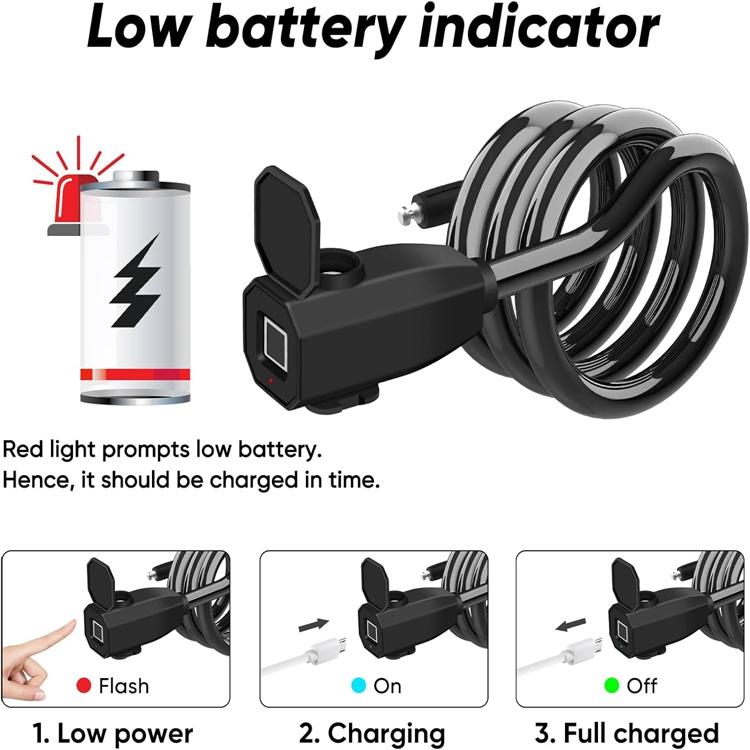 Yh3239 1.5 Meter Waterproof Anti-Theft USB Charging Keyless Fingerprint Bicycle Lock