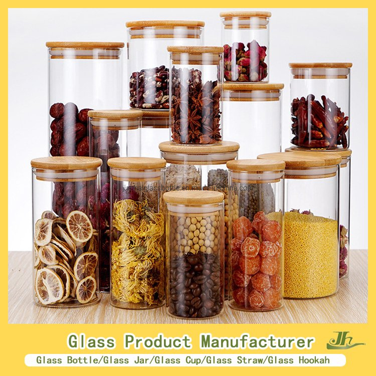 4oz/8oz/10oz/12oz/16oz/32oz/180ml/220ml/380ml High Borosilicate Kitchen Food Storage Big Sugar Jam Bottle Glass Jar Manufacturer with Bamboo/Wooden Lid/Cork