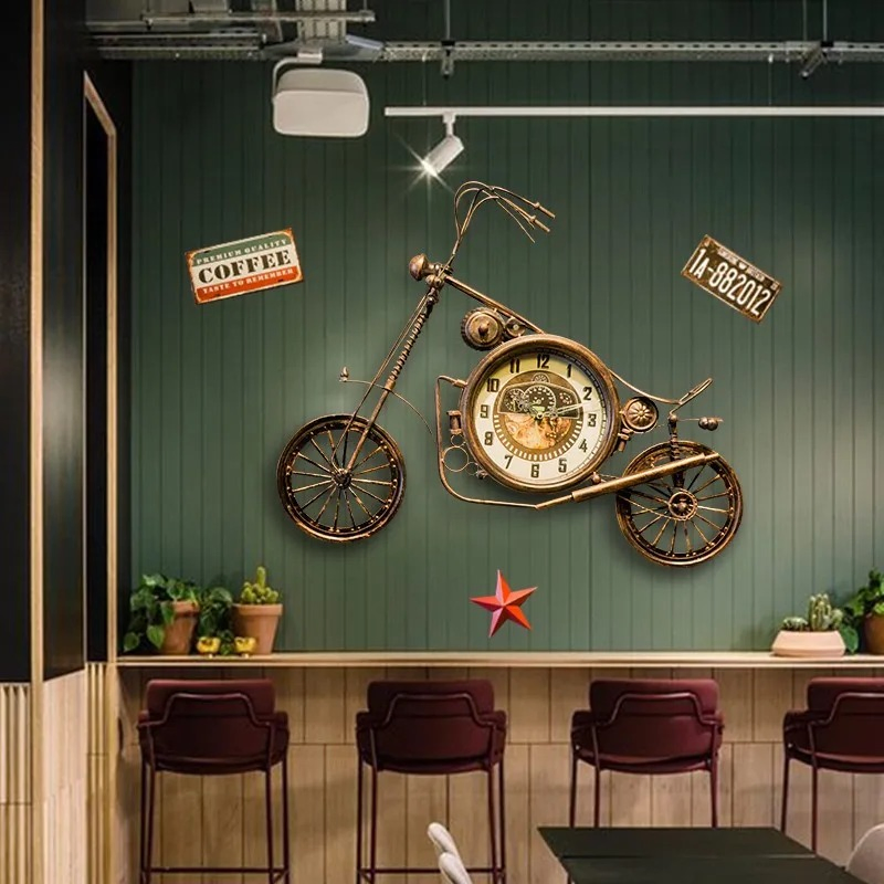 Silver Antique American Style Iron Motorcycle Clock Handmade Wall Clock
