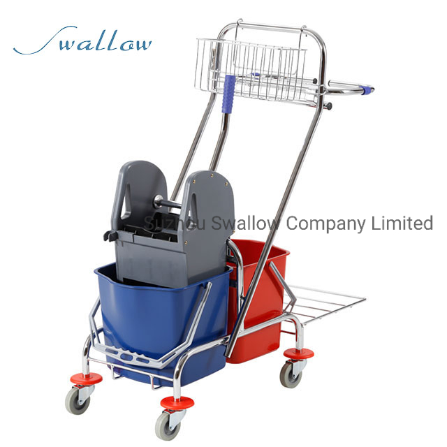 China Hospital Airport Cleaning Folded Hand Double Bucket Mop Wringer Trolley