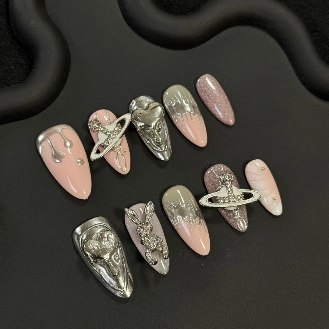 Fashionable False Nails Wholesale Artificial Art 3D Pink Rabbit Fingernails Fluorescence Nails Fake Nails