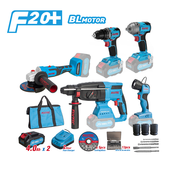 Fixtec 20V Cordless Brushless Motor Impact Cordless Drill Electric Hammer Drill Power Tool Combo Set