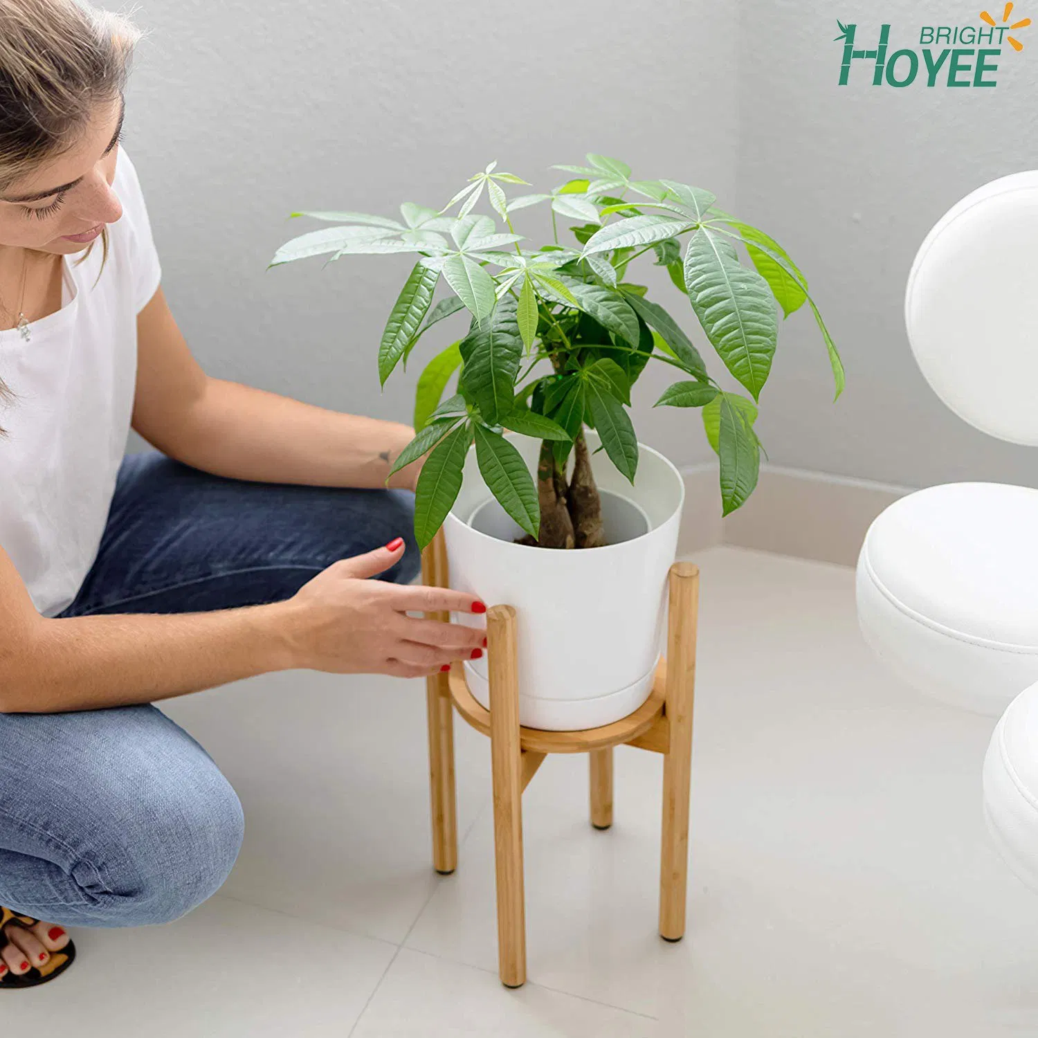 Banmboo Plant Stand MID Century Flower Pot Holder Indoor Modern Bamboo Stand Fits 7" Pot -Saucer Tray