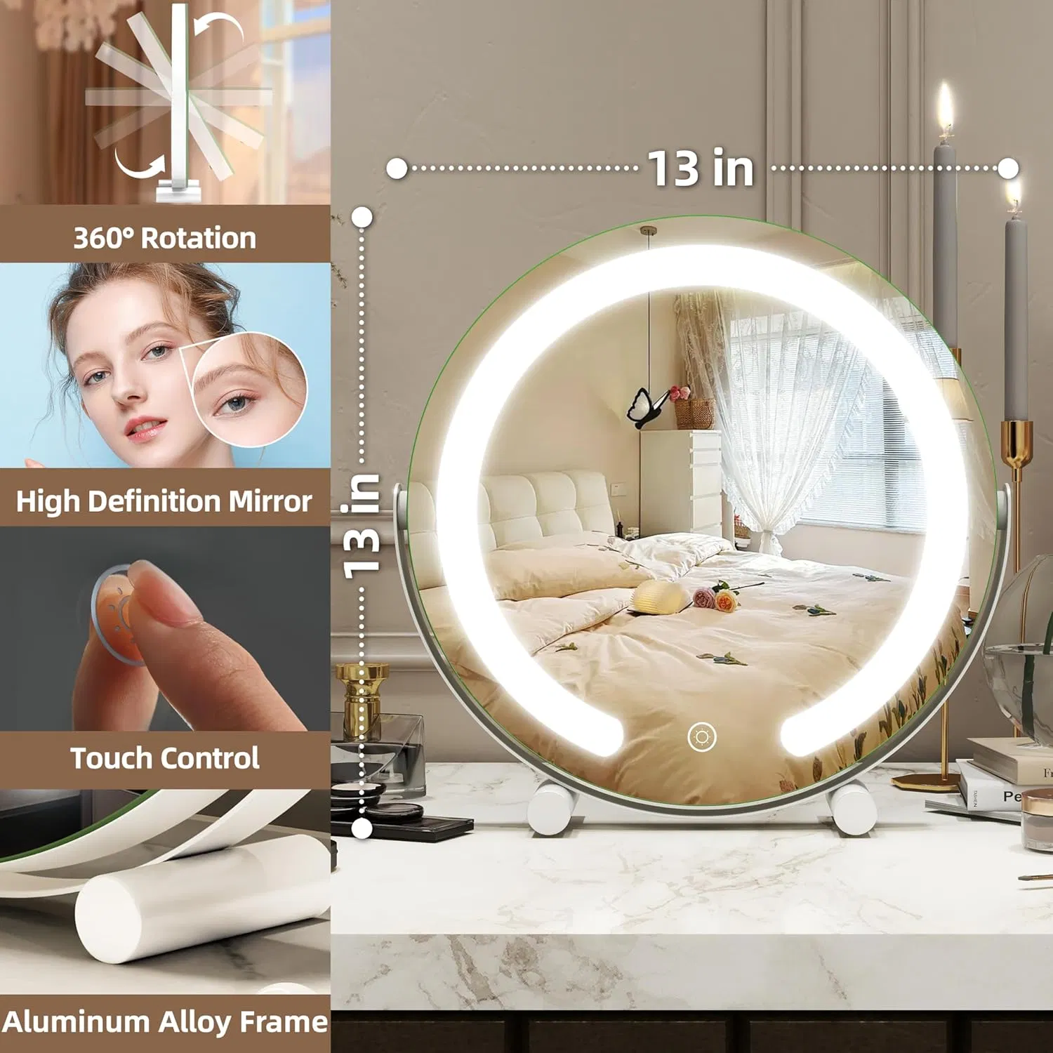 Jinghu Vanity Mirror with Lights LED Lighted Makeup Mirror Round Makeup with 3-Color Lighting 360° Rotation Dimmable for Tabletop Bedroom Bathroom