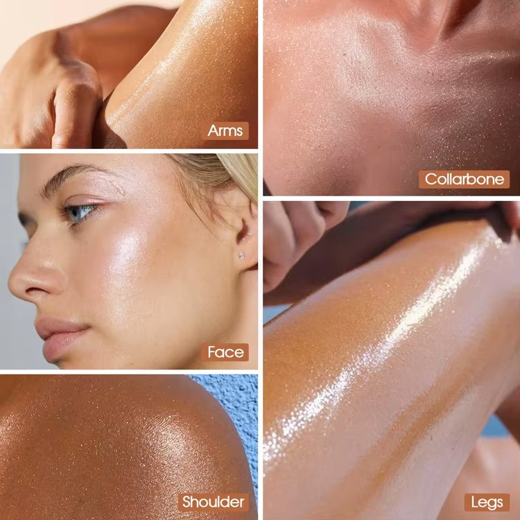 Custom Makeup Organic Glitter Liquid Body Face Highlighter Dropper Private Label Body Shimmer Highlight Oil