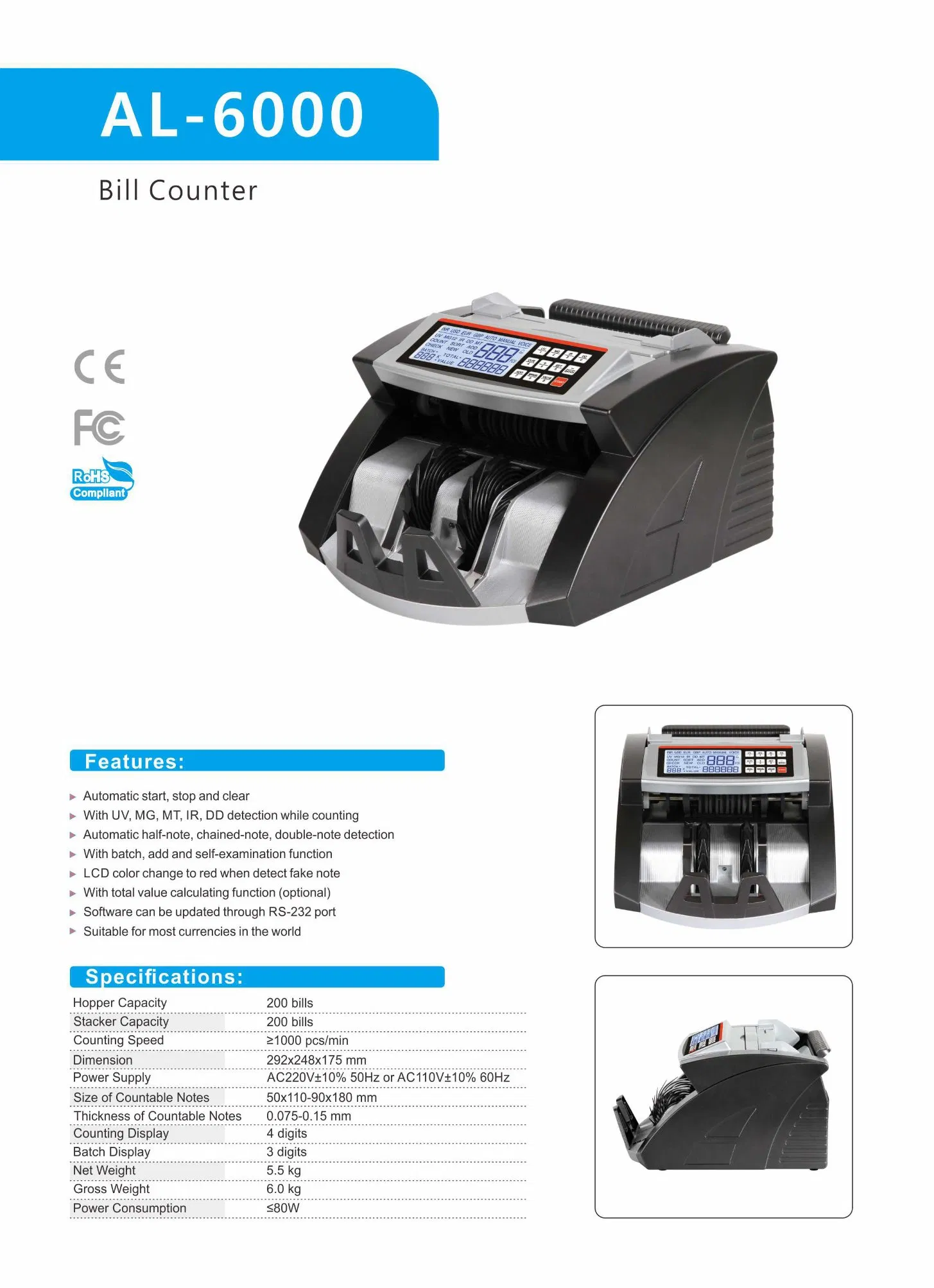 Al-6000 Professional Currency Discriminator Counter Money Counter Banknote Counter Machine Bill Value Counter