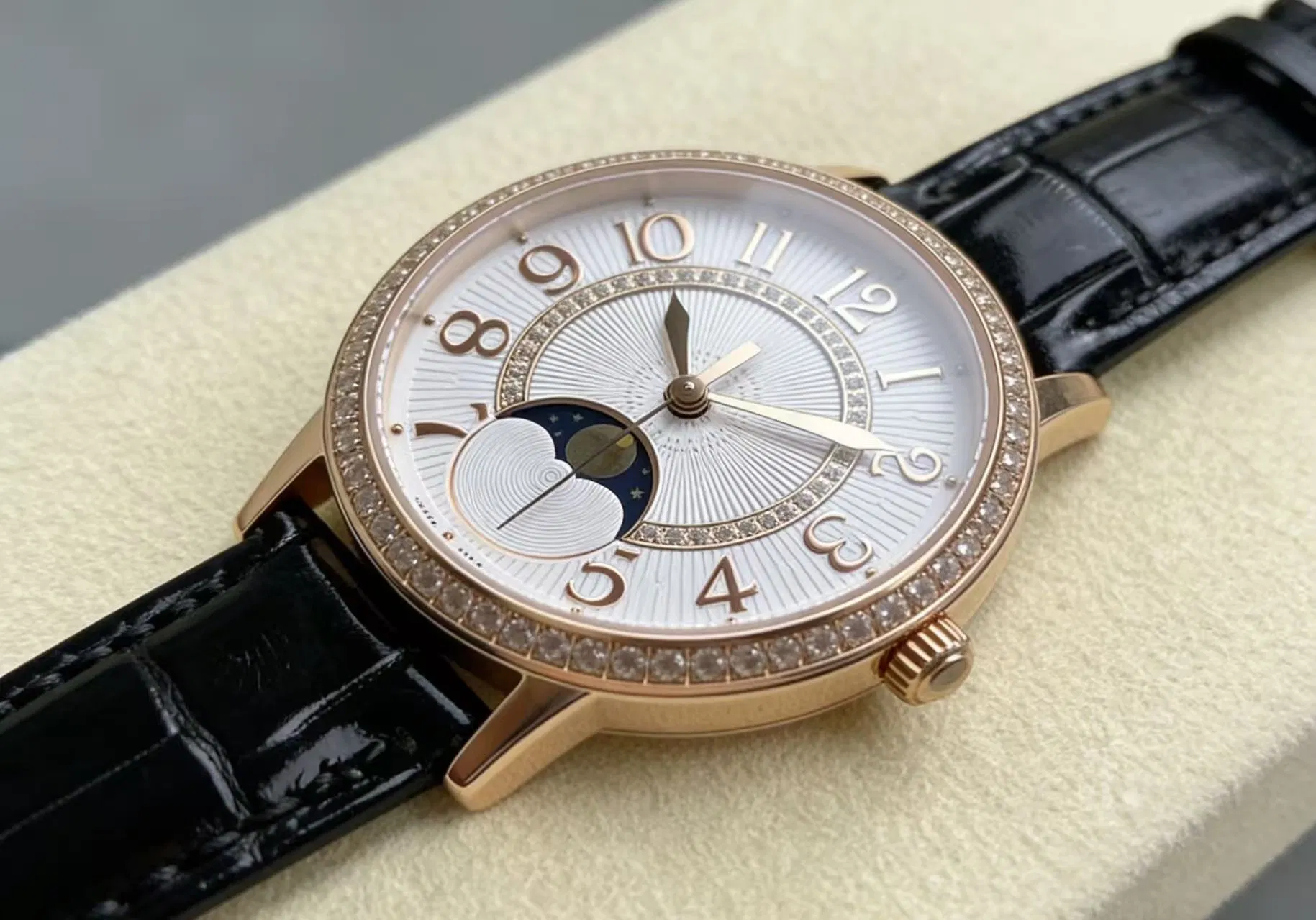 High End Craftsmanship Super Clone Watch Rose Gold Case, Moon Phase Display and Black Leather Strap Wholesale