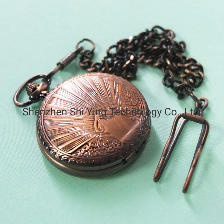 Custom Made Vintage Antique Copper Analog Quartz Pocket Watch with Chain