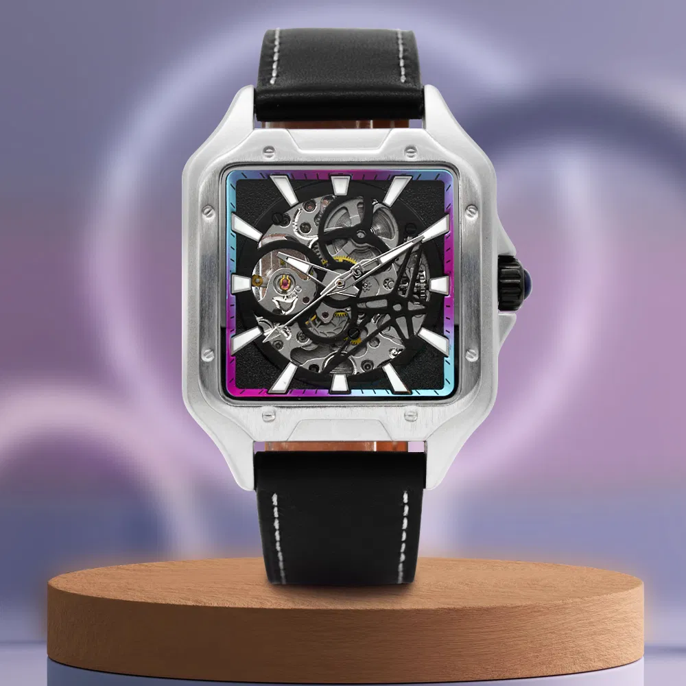 Square Metal Mechanical Watches for Men Zinc Alloy Automatic Watch Luxury Skeleton Luminous Leather Watches Men 3ATM Waterproof