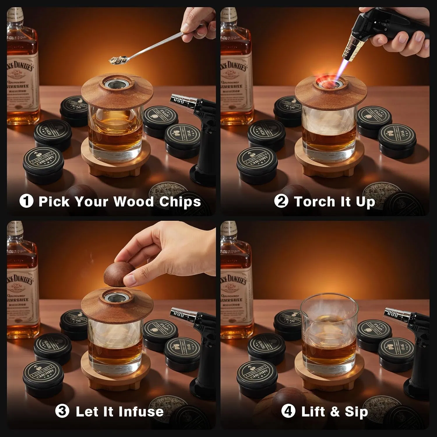 Bourbon Whiskey Smoker Kit Old Fashioned Drink Smoker Kit Premium Cocktail Smoker Kit with Torch with 6 Flavors Wood Chips