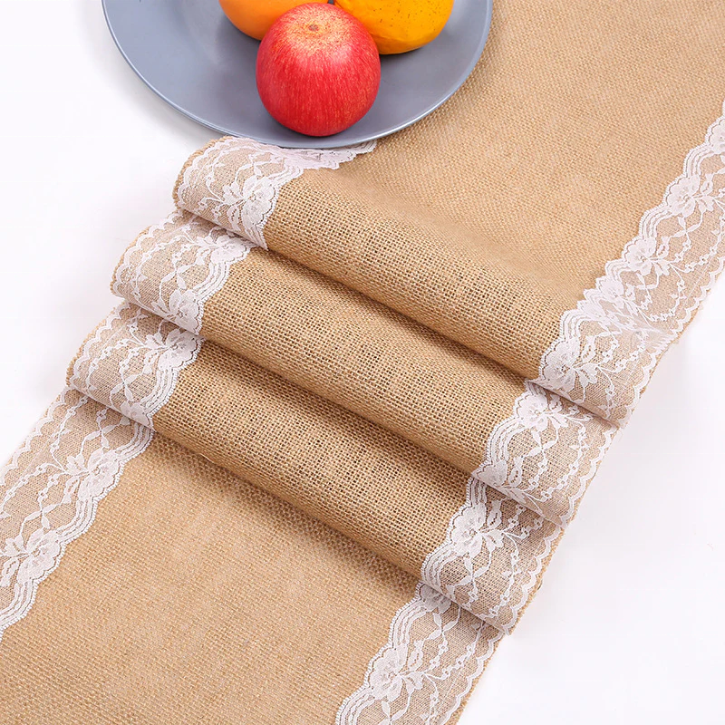 12-Inch Natural Burlap Lace Jute Table Runner Elegant Wedding Decorative Accessory