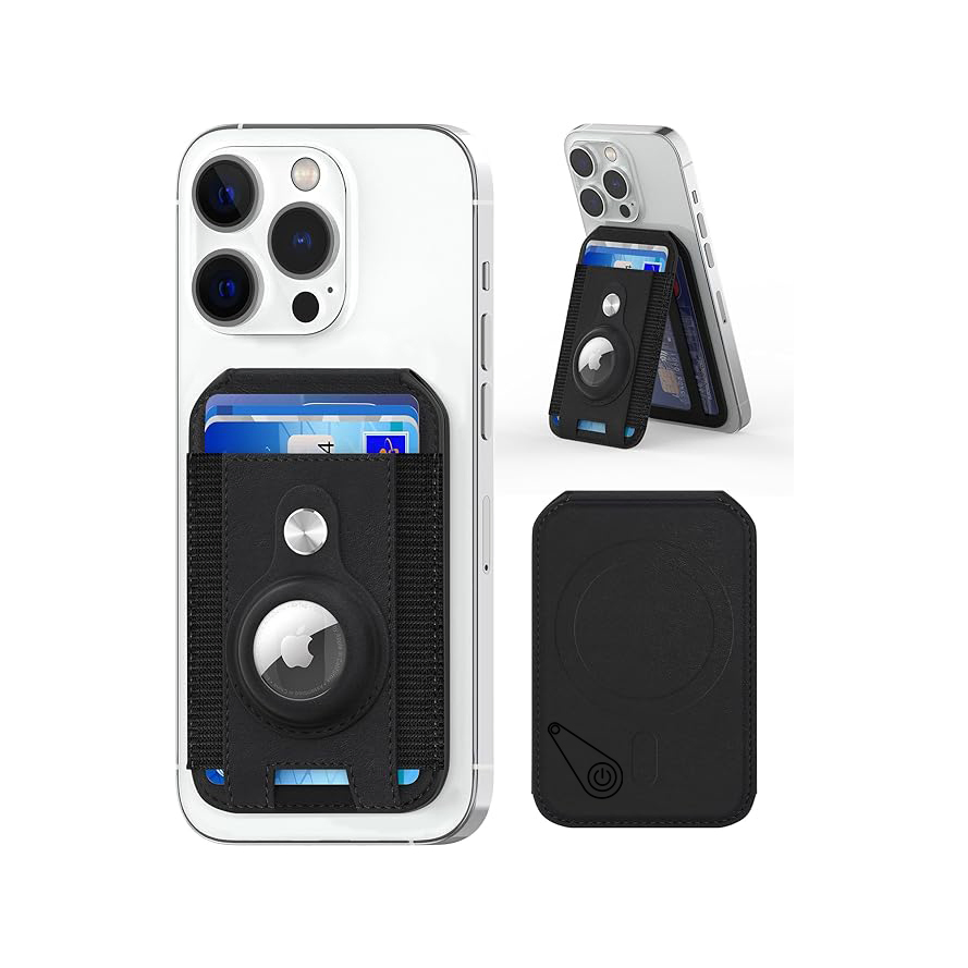 2-in-1 Magnetic Leather Wallet ID Card Slot Adjustable Stand Card Holder Tracker Work with Apple Find My Wallet Card Holder
