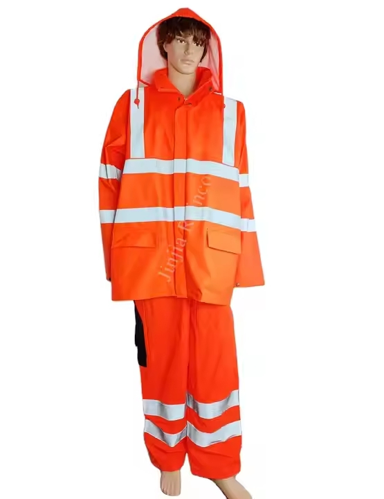 Premium Waterproof Safety Work Reflective Rain Coat Semi PU Rainsuit for Men