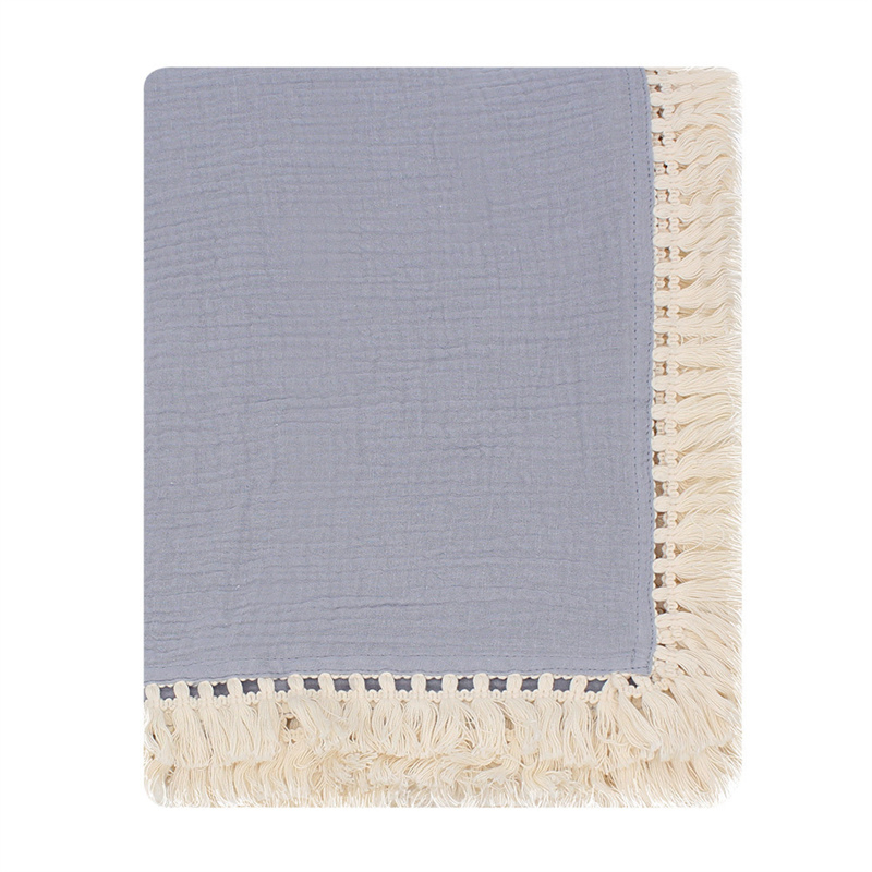 Double Layers Cotton Print Muslin Swaddle with Tassel Trim Baby Blanket