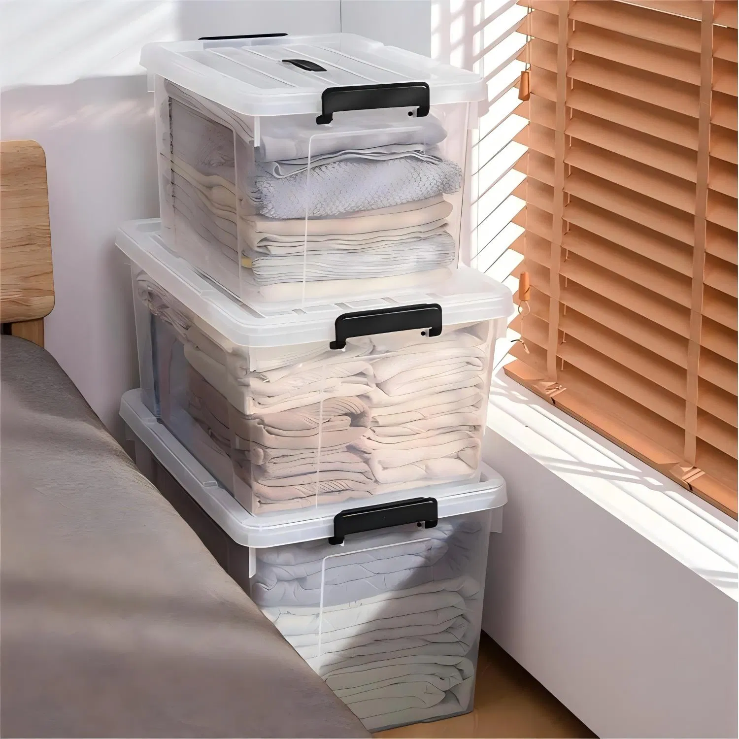 55 Litre Stackable High Transparency Large Space PP Plastic Storage Bin for Home Office Sundries Organizing