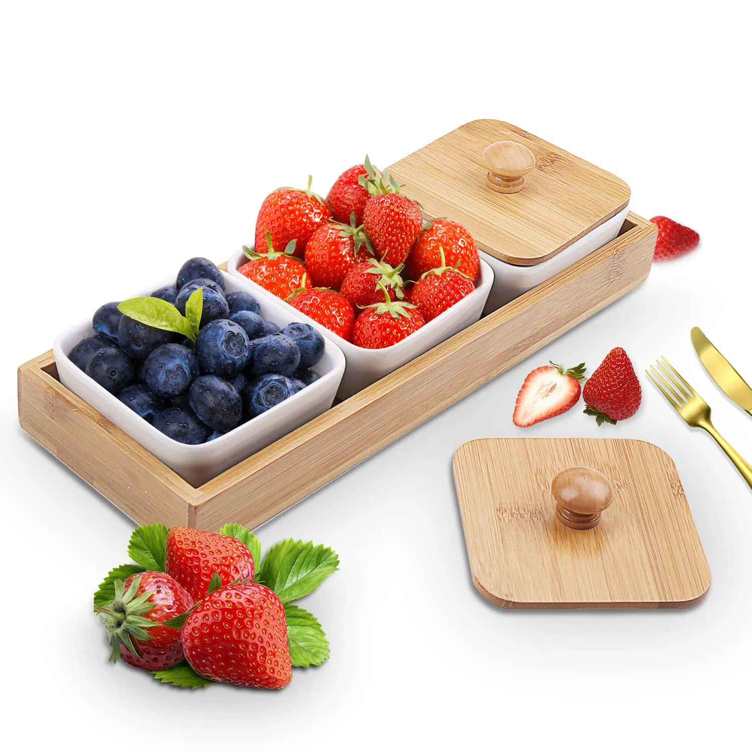 OEM Ceramic Appetizer Snack Serving Tray Compartment Ceramic Condiments Serving Platter with Bamboo Lid and Pallets for Snacks