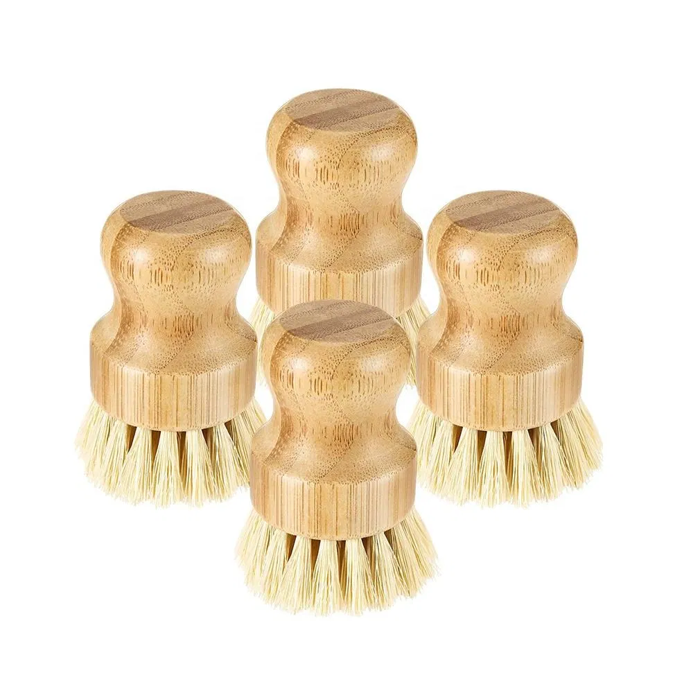 Eco-Friendly Bamboo Mini Scrub Brush Vegetarian Sisal Brush Bamboo Wood Pot Kitchen Dishwashing Brush