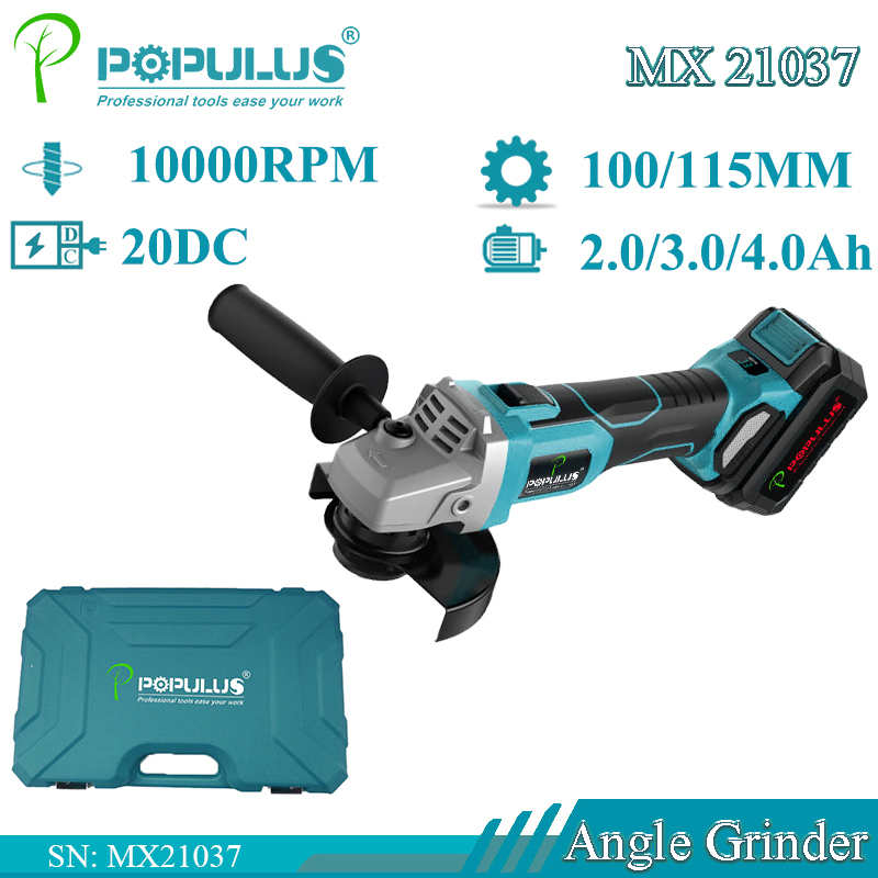 Populus Portable 20V Brushless Cordless Angle Grinder Variable Speed Cutting Polishing 100m/115mm Angle Grinder for Russian Market