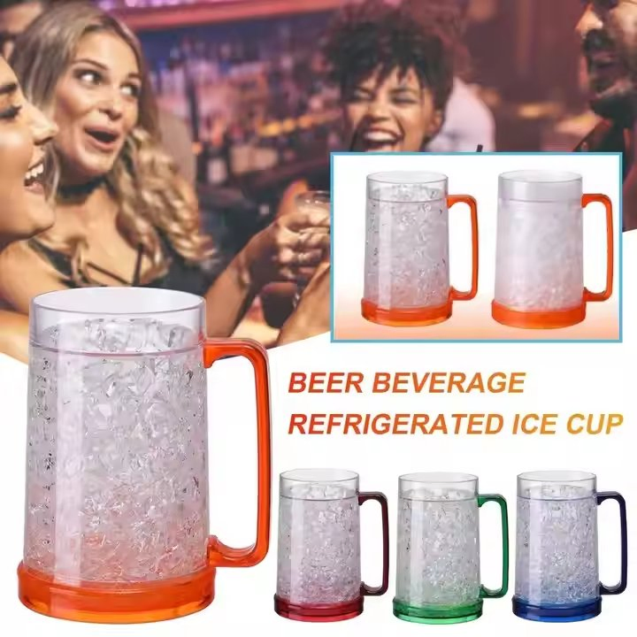 White Red Green Blue Beer Cup16oz Double Wall Freezer Mug Clear Plastic Mug with Handle