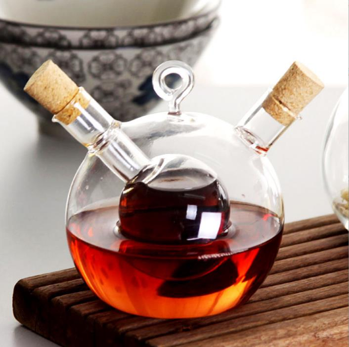Kitchen Glassware 2-Outlet Round Borosilicate Glass Olive Oil Jar Vinegar Bottle Pot Kitchen Sauce Dispenser