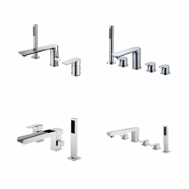 Bathtub Deck Mounted Polished Brass 5 Hole Faucet with Hand Shower Waterfall