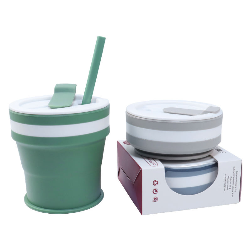 Hot Sale Reusable Travel-Friendly Silicon Foldable Travel Coffee Mug Silicone Collapsible Cups with Lid and Straw
