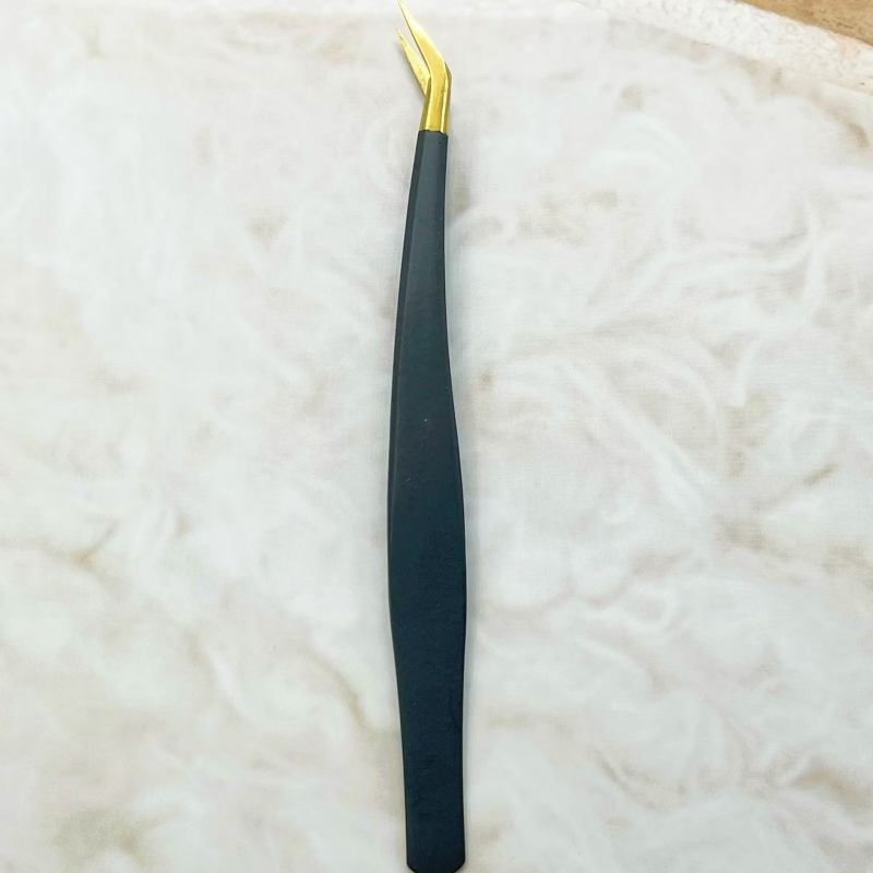 Golden Tip High-Precision Black Ergonomic Blossom Eyelash Extension Lash Stainless Steel Tweezers