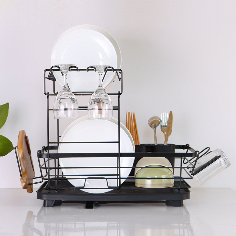 Kitchen 2 Tier Plate Dish Drying Drainer Rack Storage Holder Pantry Organizer Rustproof Metal Wireframe Dish Rack with Drain Pipe