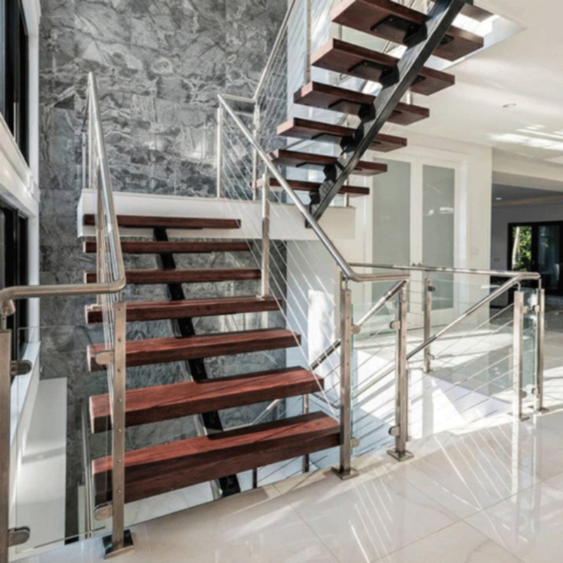 Indoor Modern Design Stair Mono Stringer Straight Stairs Customized Interior Single Beam Wood Treads Staircase
